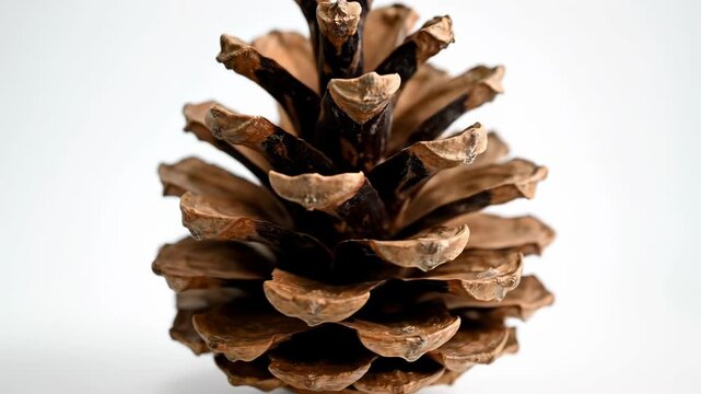 A captivating macro shot reveals the intricate details of a single, dry pine cone, beautifully isolated against a clean, bright white background. The camera slowly pans or rotates, showcasing the rich
