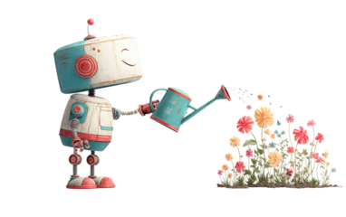 Happy cartoon robot character gently watering blooming flowers with care joy and positive emotion isolated on transparent background PNG