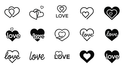 Fototapeta premium Collection of black and white heart love icon set
