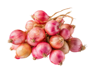 Bunch of small red onions with dry stems, against black