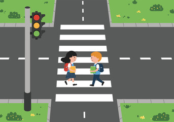 Children crossing street, school commute safety, crosswalk awareness, traffic light signal, backpacks and books, urban road scene, pedestrian education, cartoon illustration, learning, movement, care