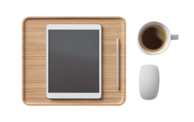 Compact study desk setup with tablet and coffee cup for organized and productive workspace isolated on transparent background PNG