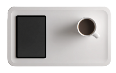 Modern small study desk featuring tablet and coffee mug for creative work and efficient focus isolated on transparent background PNG