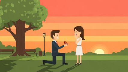 Man proposing to woman in park at sunset with tree and lamp post romantic engagement scene with proposal and couple and love and relationship