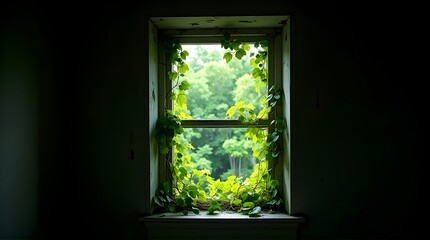 Fototapeta premium Vibrant green plants thrive in a dimly lit room through a window