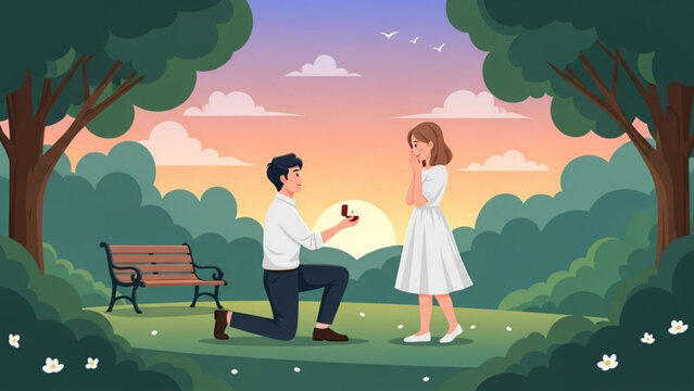 Man proposing to woman in park at sunset with trees and bench with proposal and romance and love and engagement and couple and romantic and outdoor - Powered by Adobe