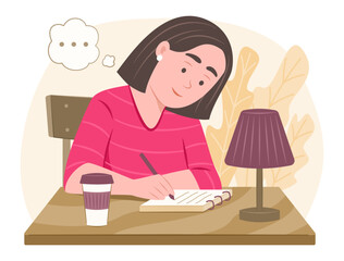 Young Woman Writing on Notebook while Thinking Good Idea for Education, Hobby and Leisure Concept Illustration
