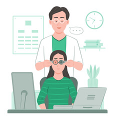 Optometrist Adjusting Trial Frame to Test the Patient's Vision during an Eye Exam in an Ophthalmology Clinic before Prescribing New Glasses
