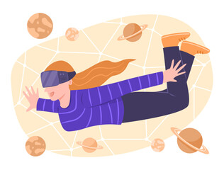 Young Woman Wearing the Virtual Reality Headset end Enjoying with Cosmic Simulation for VR Technology Concept Illustration