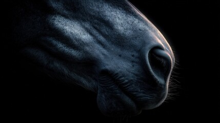 Extreme close up reveals the texture and contours of a dark equine muzzle against deep shadow