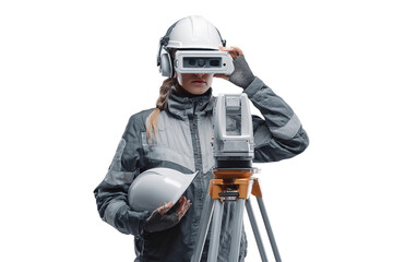 Modern engineer woman examining site with laser measuring device for precise workflow and efficiency isolated on transparent background PNG