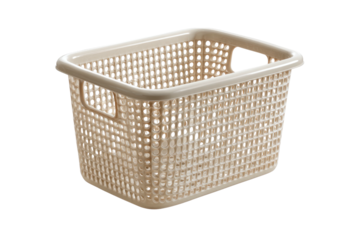 Beige plastic basket with perforated sides, isolated