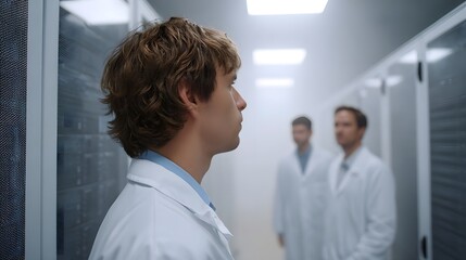 Professionals in lab coats in a misty server room with data racks