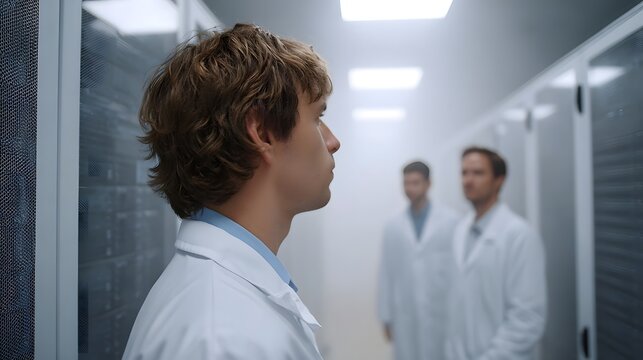 Professionals in lab coats in a misty server room with data racks - Powered by Adobe