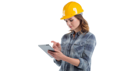 Professional female engineer reviewing digital blueprint ensuring workflow efficiency and technical precision isolated on transparent background PNG