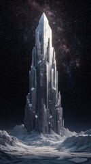 Snowy Crystal Tower Under Starlit Night