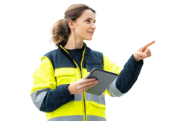 Female foreman holding tablet pointing at construction site demonstrating leadership and professional expertise isolated on transparent background PNG