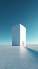 White Cube Structure In Empty Snowy Landscape