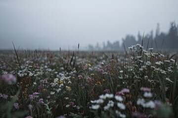 Colorful Wildflowers Field In Misty Morning