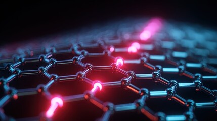 Microscopic view depicts energy flow across a crystalline atomic lattice structure