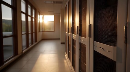 Warm afternoon sunlight streams down a modern server room hallway illuminating rows of IT equipment racks