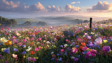Colorful Flower Field at Sunrise