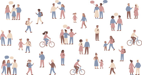 Flat illustration of diverse people walking, talking, cycling, and interacting with speech bubbles, showing families, couples, friends, and everyday community activities