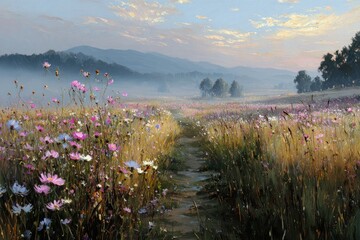 Colorful Flower Field Path In Misty Morning Light