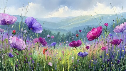 Colorful Meadow Flowers With Hills And Mountains