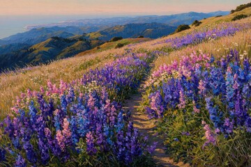 Colorful Wildflowers Meadow Path Through Hills