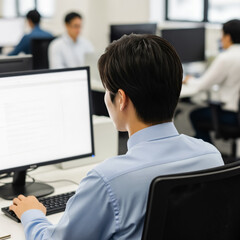 Japanese Businessman Working on Computer in Office Back View