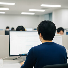 Japanese Business Person Focusing on Work in Office Back View