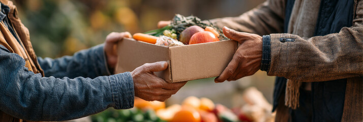 Two people exchanging a cardboard box filled with fresh produce