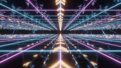 Vibrant neon light arrows illuminate a futuristic digital tunnel creating an abstract cyberspace pathway with glowing lines and geometric patterns symbolizing data flow speed and technological progre. - Powered by Adobe