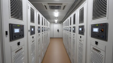 Long corridor in a modern data center with symmetrical rows of white server racks featuring control panels and ventilation systems