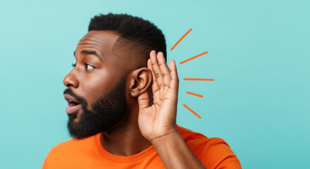 Close up portrait of a young black man wearing an orange T-shirt, listening intently against a light blue background, with hand-drawn orange lines radiating from his ear. 