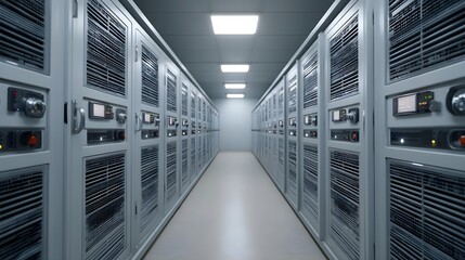 Rows of modern server racks recede down a brightly lit aisle in a clean organized data center