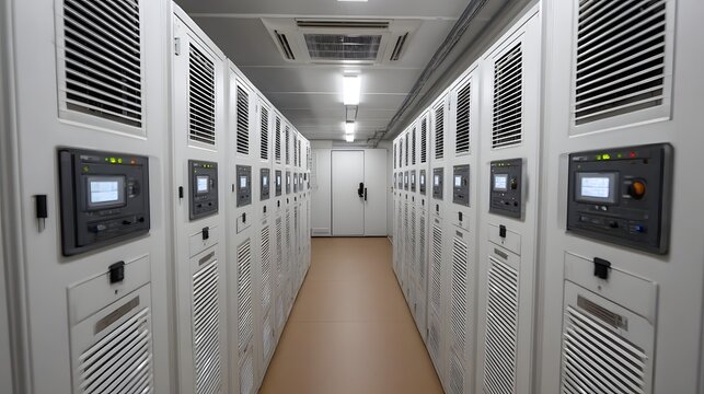 Long corridor in a modern data center with symmetrical rows of white server racks featuring control panels and ventilation systems - Powered by Adobe