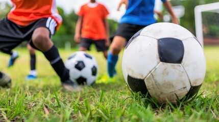 Dynamic close-up of children's legs and soccer balls on a vibrant green pitch, capturing the energetic action of a youth football match outdoors.