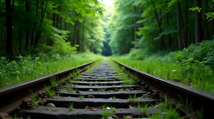 Abandoned train tracks disappear into lush green forest tunnel