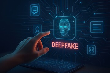 Naklejka premium Deepfake technology and facial recognition misuse, Deepfake technology raises cybersecurity concerns as digital identity fraud and ai threats increase risks of online deception and data breaches