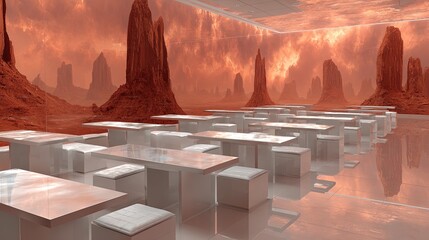 Alien Desert City With Red Sky And White Structures