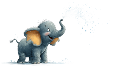 Adorable cartoon baby elephant enjoying water play representing playful moments and childhood fun isolated on transparent background PNG