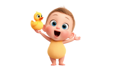 Playful cartoon baby interacting with rubber duck expressing joy curiosity and carefree mood isolated on transparent background PNG