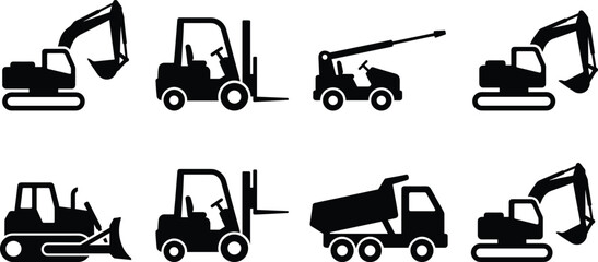 Silhouettes of construction vehicles including excavators, forklifts, bulldozer, dump truck, and crane truck representing heavy machinery, industrial equipment, and building operations © MdAnoar