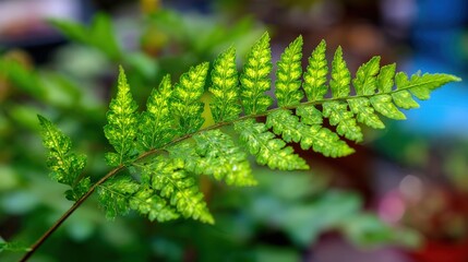 Vibrant green fern frond displays intricate variegation against a soft background
