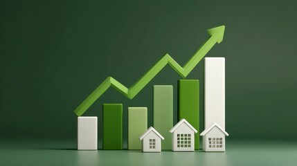 A graphical representation of a rising green arrow superimposed over a bar graph, along with miniature house models