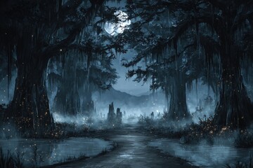 Mystical Pixelated Swamp Forest At Night