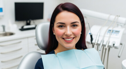 A smiling young woman sits in a dental chair with a light blue bib, in a bright medical setting with white cabinets and dental equipment.