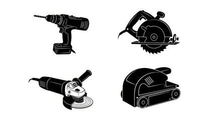 Set of Black Silhouettes of Power Tools on White Background